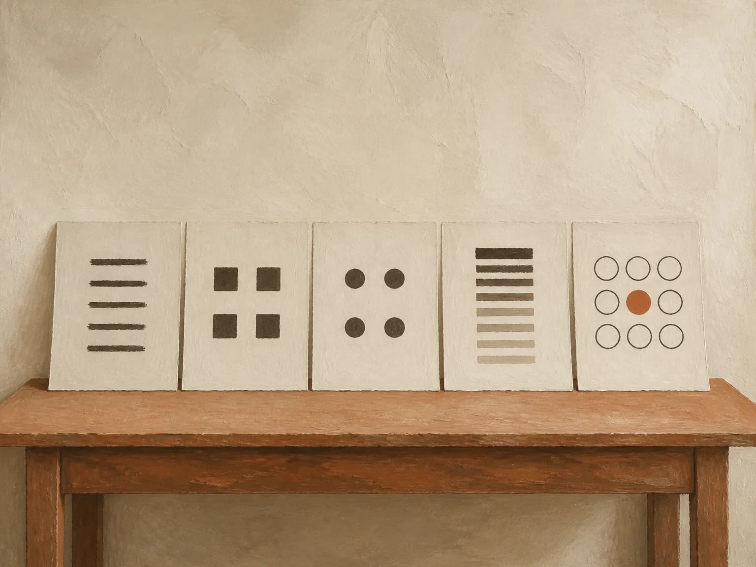 Five sheets on a table. Each has a different ink mark, and one sheet shows nine circles with one filled terracotta.