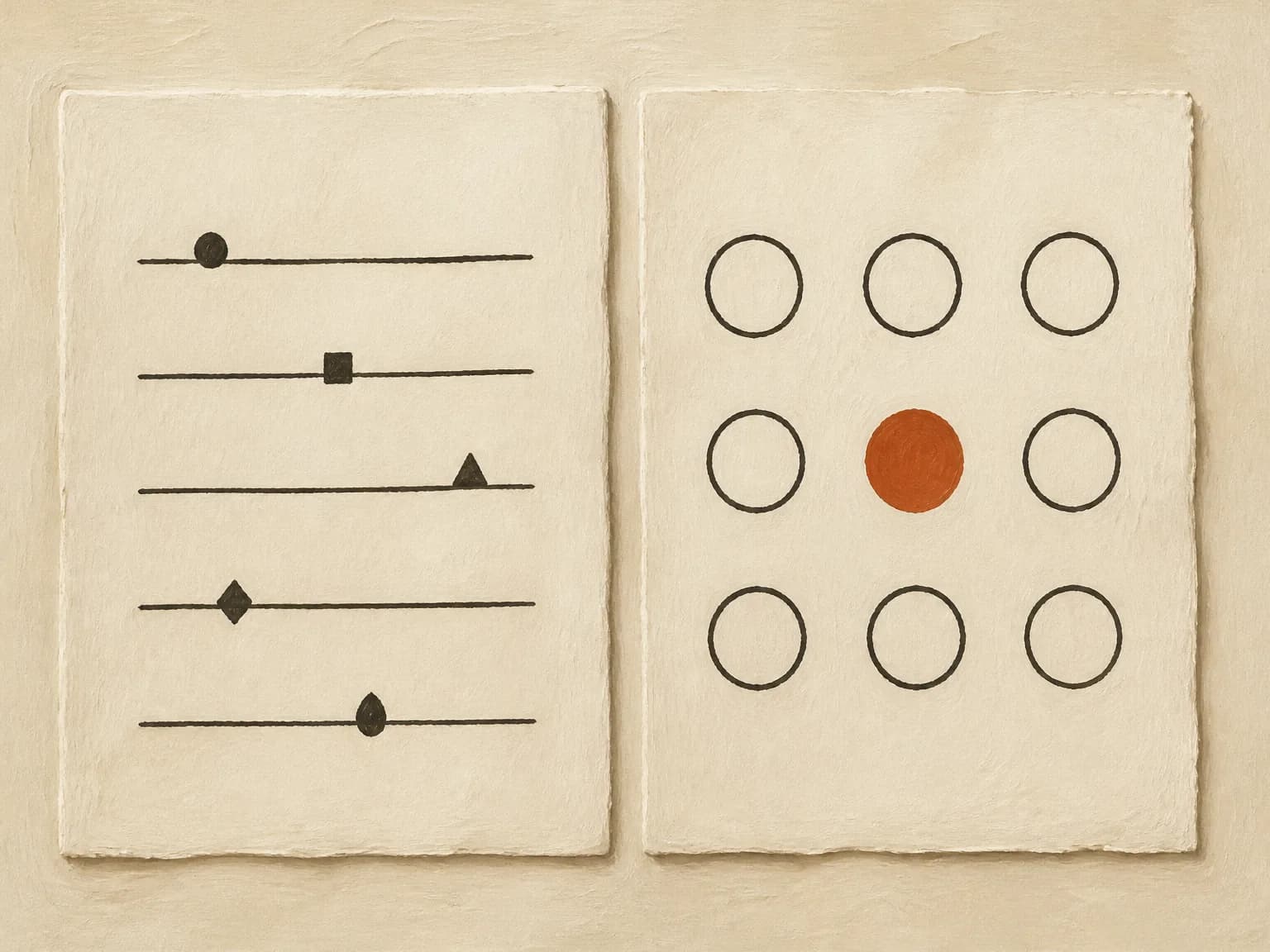 Two cream cards. One shows five score lines. The other shows nine circles, with one circle filled terracotta.