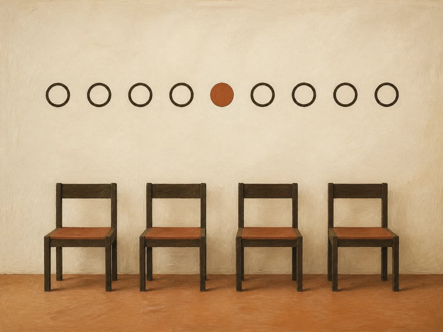 Four chairs against a cream wall, with nine circles above them and one circle filled terracotta.